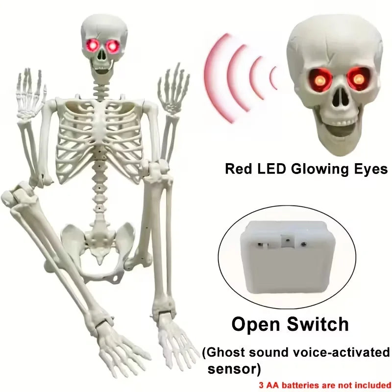 5.6 Feet DIY Voice-Activated Glowing Skeleton, with Glowing Eyes and Voice-Activated Sensors, Scary Sounds, Adjustable into Various Poses, Suitable for Indoor and Outdoor Use, Halloween, Day of the Dead Decorations