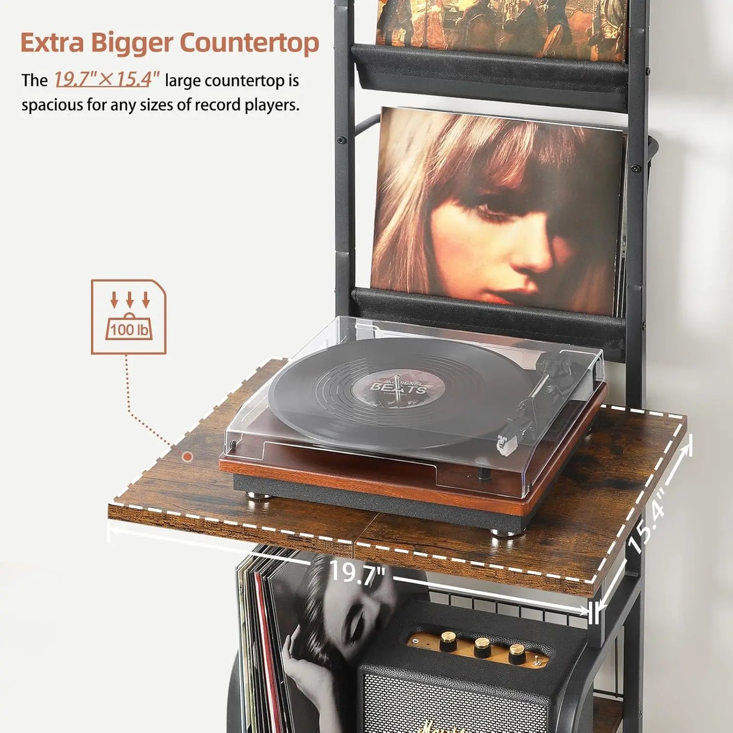 Record Player Stand with Power Outlet, Record Player Table with Vinyl Record Storage up to 200 Albums, Turntable Stand with Reco