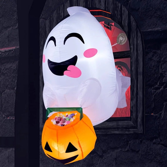 JOYFY 4.5 FT Cute Flying Ghost Halloween Inflatable with Pumpkin Candy Basket Broke for Home Window Decoration Yard