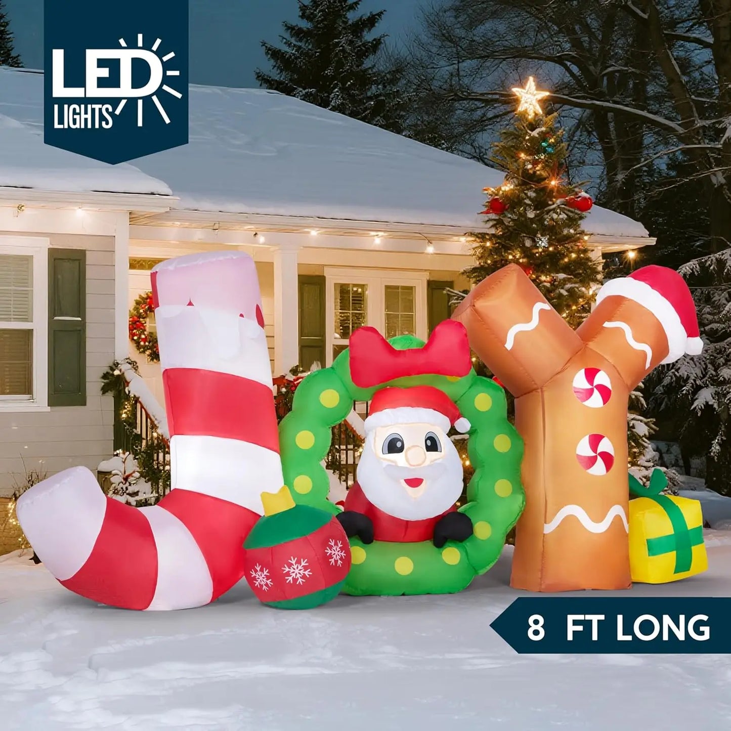 JOYFY 8 FT Long Christmas Inflatable Decoration Blow Up Joy with Santa with Build-in LEDs for Xmas Party Decor Christmas Gift