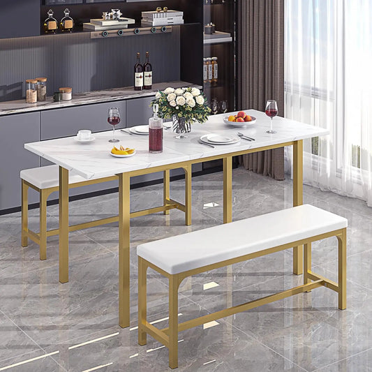 3-Piece 63" Extendable Kitchen Table with Benches/Chairs, Modern Breakfast Dinette/Dining Room Set for 4/6/2, Small Space Saving