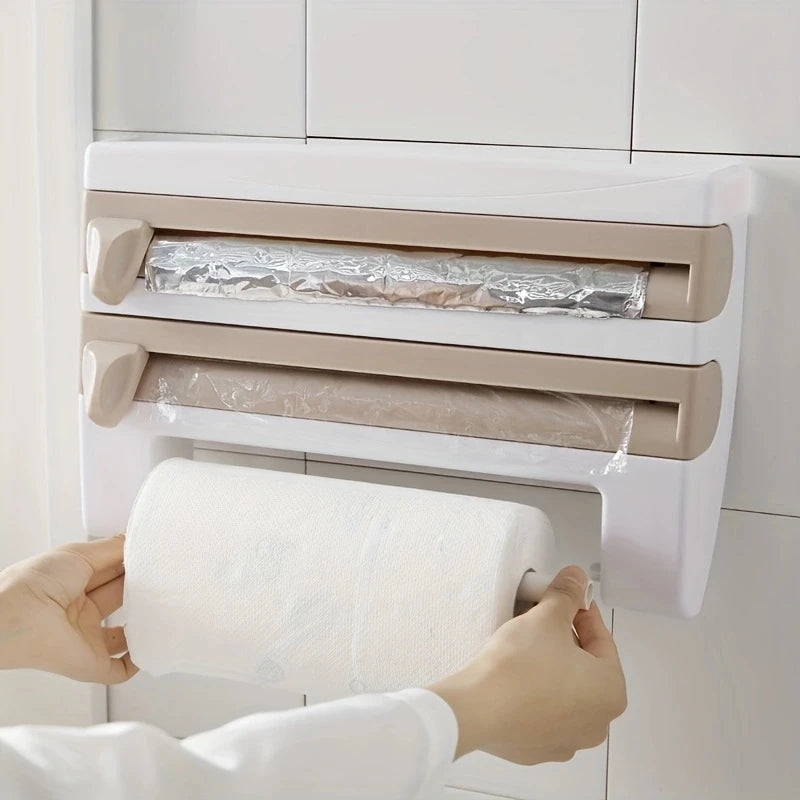 1PC Kitchen Shelf Cling Film Organizer with Cutter, Tin Foil Cutting, Paper Towel Holder, Towel Rack Multifunctional Storage