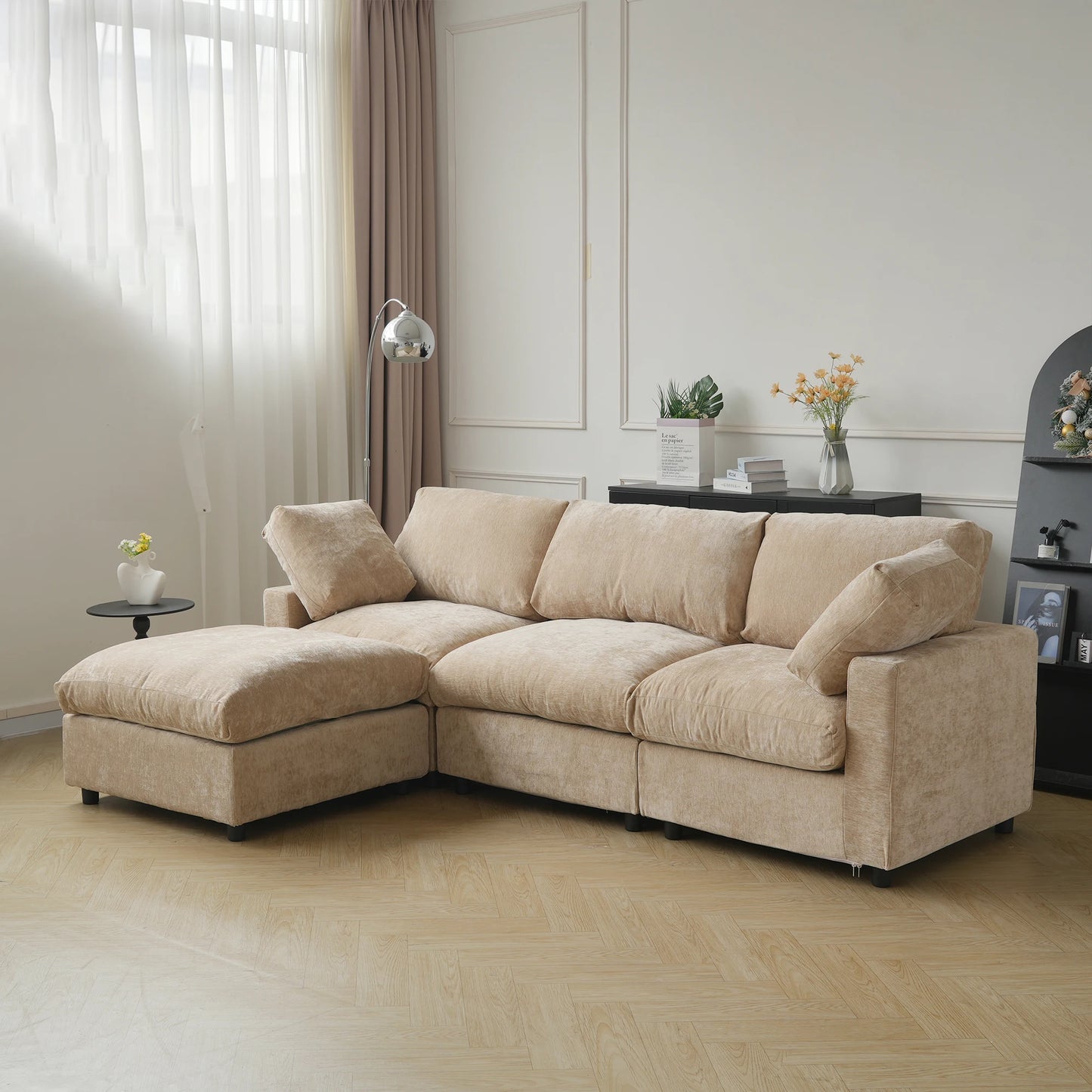 Sdorens Sectional Sofas Modern Cloud Couch Chenille L-shaped Modular Sectional Sofa for Living Room 3 Seats Couch with Ottomans