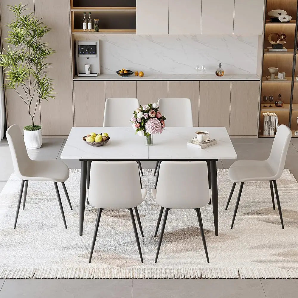 7 Piece Dining Table Set, 59"-75" Extendable Dining Room Table Set with 6 Upholstered Chairs, White Kitchen Table, Customized