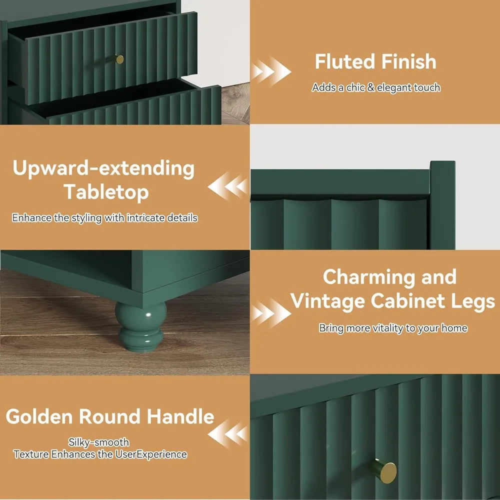 Modern Nightstand Set of 2, Fluted End Table with Open Shelf, Night Stand with 2 Drawers for Bedroom (Green), Customized