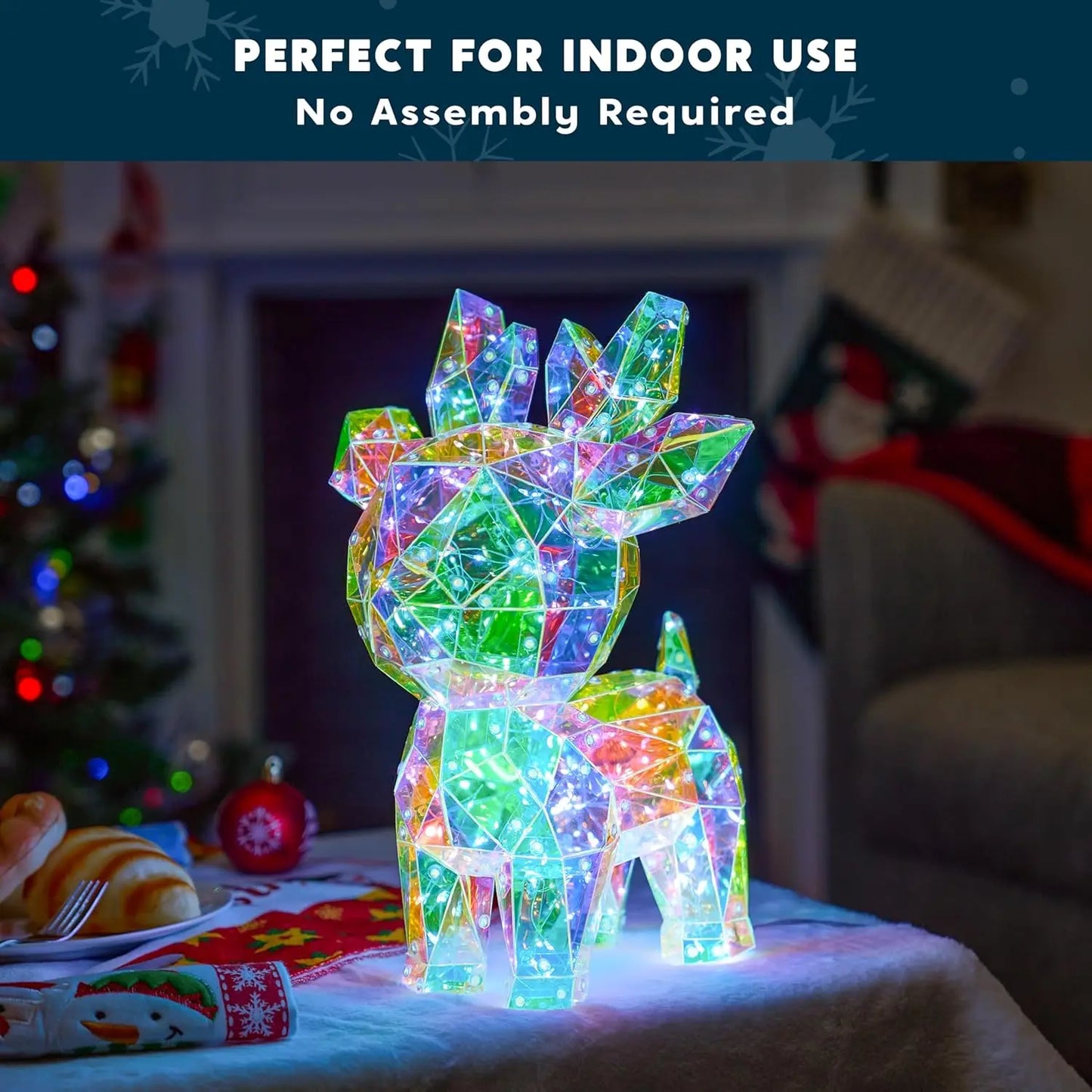 JOYFY 15 in Prismatic Iridescent Reindeer Light Decorations Prismatic Christmas150 LED Lights for Christmas Eve Night Décor