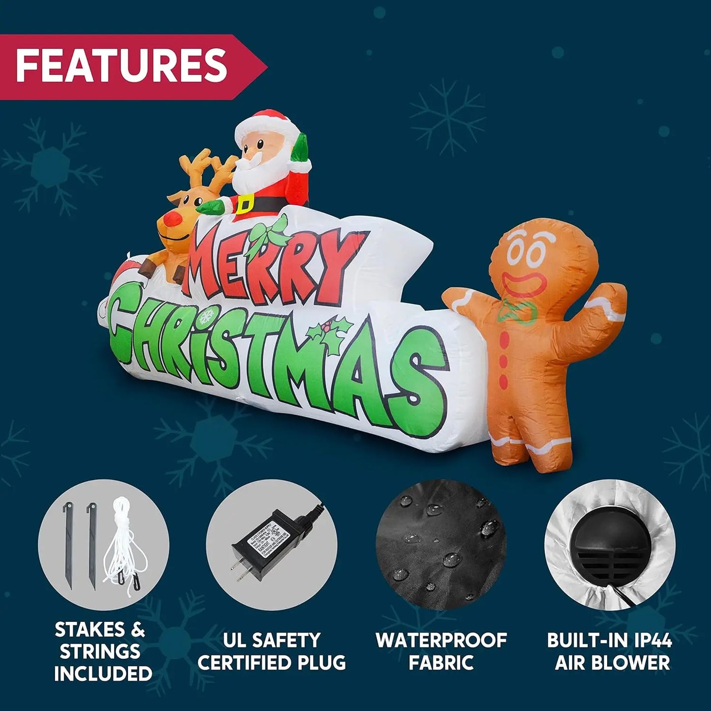 JOYFY 9.5 FT Christmas Inflatable Merry Christmas Sign with Santa Reindeer & Gingerman for Outdoor Yard Decor