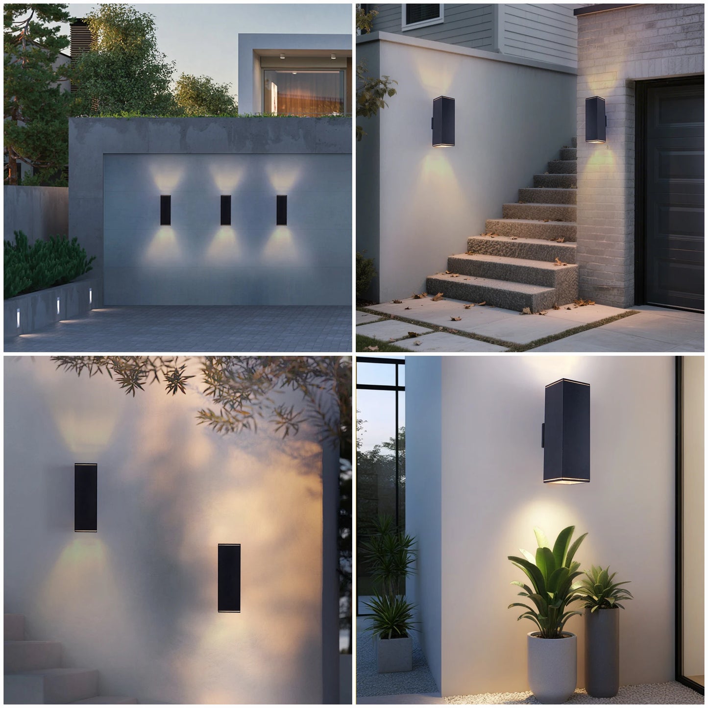 2 Pack Rectangular Outdoor Wall Light - Dual E26 Base, Sand Black Aluminum & Tempered Glass All-Weather Sconce for Garden