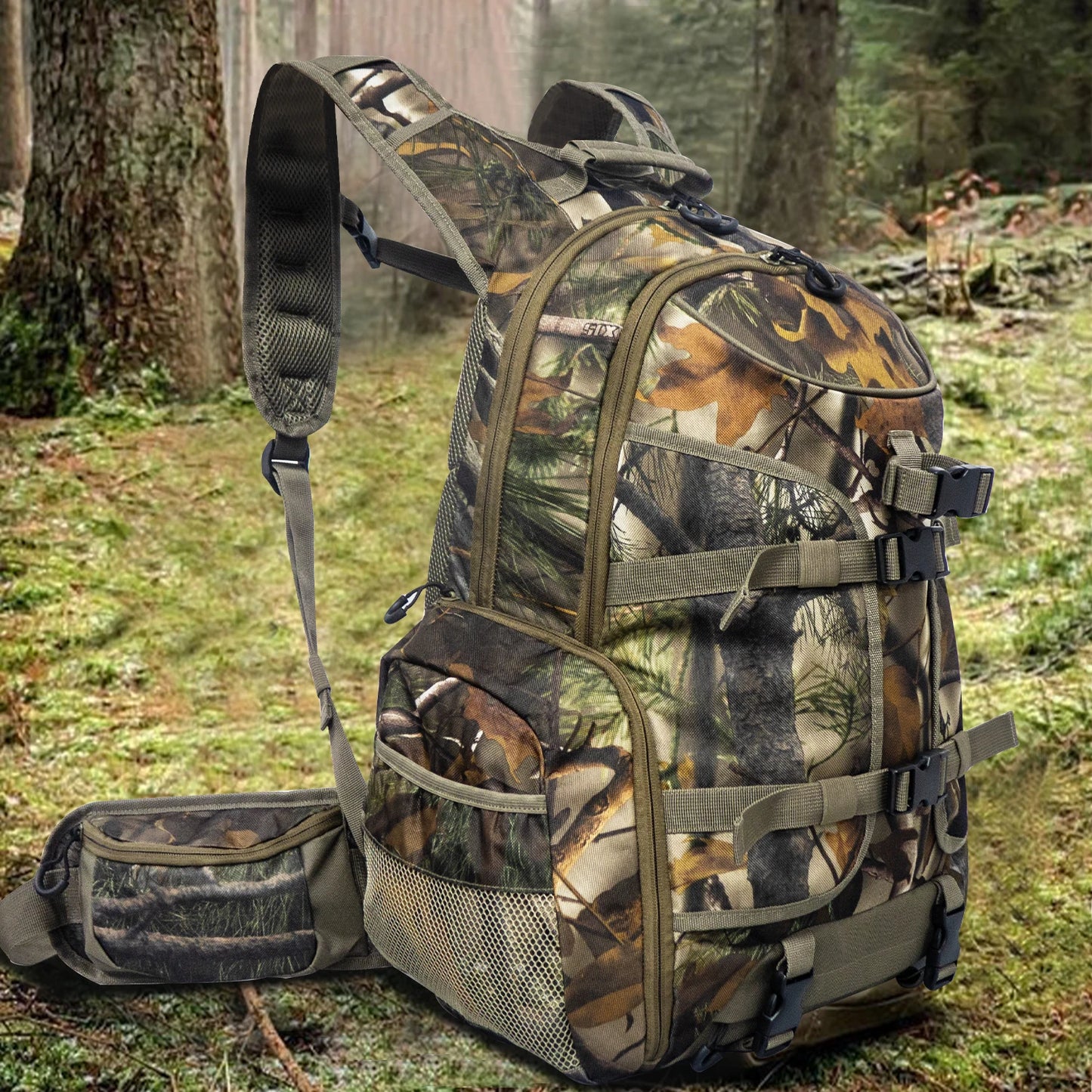 35L Lightweight Hunting Backpack with Gun And Bow Storage Side Mesh Pouch And Waist Bag Design for Outdoor Activities