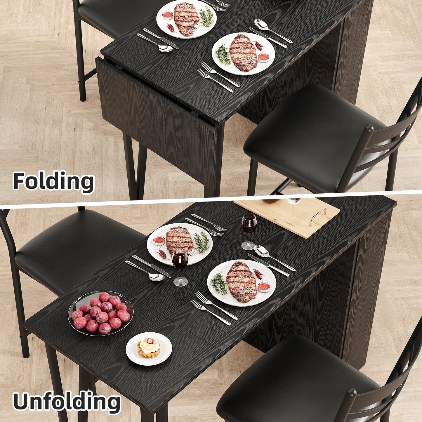 Farmhouse Bar Table and Chairs Set, 3 Piece Dining Table Set with Flip Top Extension and Storage Shelves for Kitchen Apartment