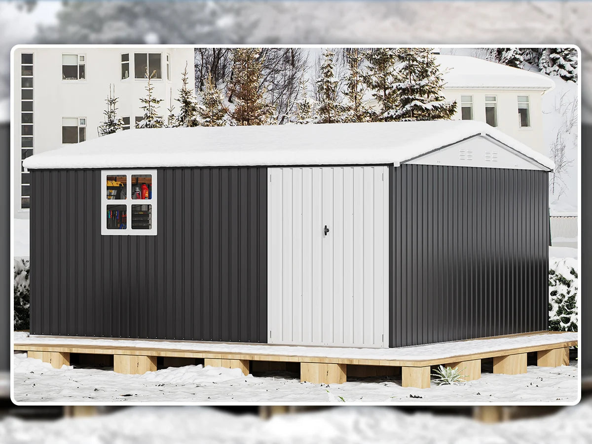 VIWAT 10x12~12x14 FT Outdoor Metal Storage Shed with Window, Lockable Garden Tool Shed, Heavy-Duty Frame, Backyard Patio Black