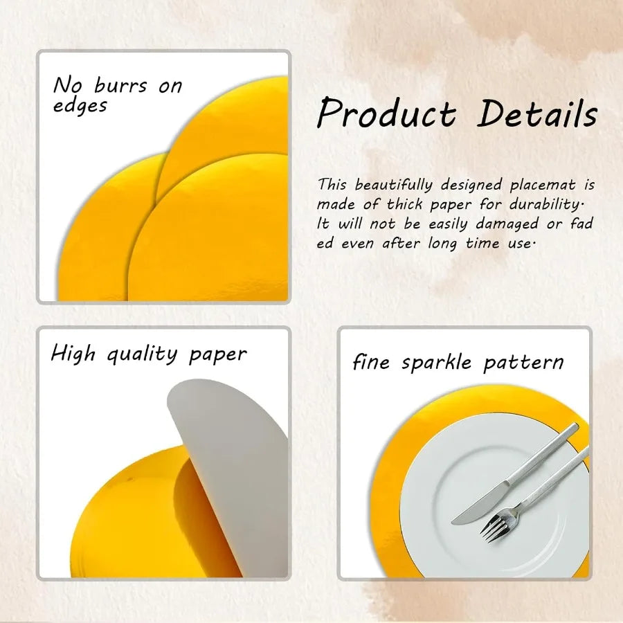 15 Pcs Gold Paper Placemats 13'' Disposable Placemats for Dining Table Heavyweight Sparkle Decorative Round Place Mats for Birt