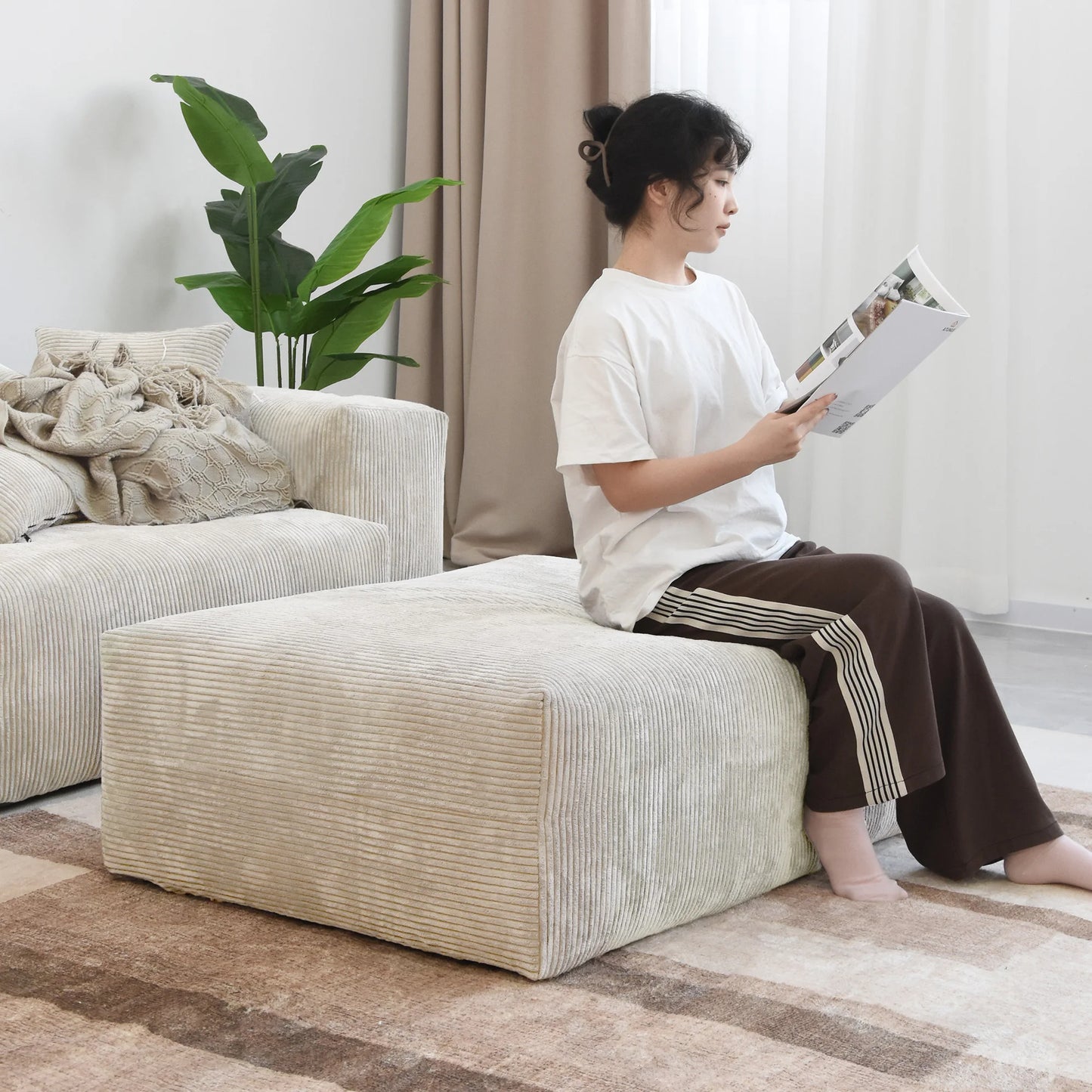 Sdorens 141.73'' L Shape Sectional Sofa Corduroy Fabric Couches Oversized 3 Seater Couch with 1 Ottomans for Living Room Set
