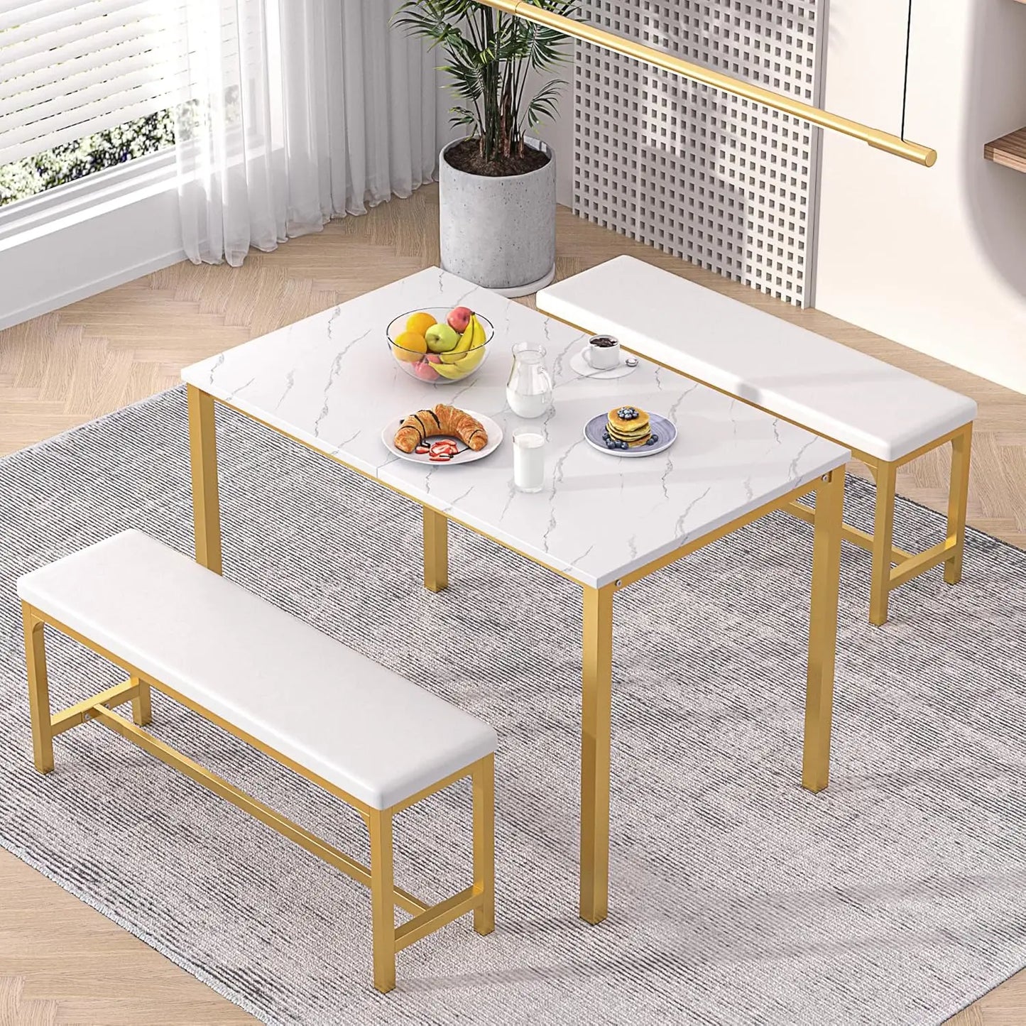 3-Piece 63" Extendable Kitchen Table with Benches/Chairs, Modern Breakfast Dinette/Dining Room Set for 4/6/2, Small Space Saving