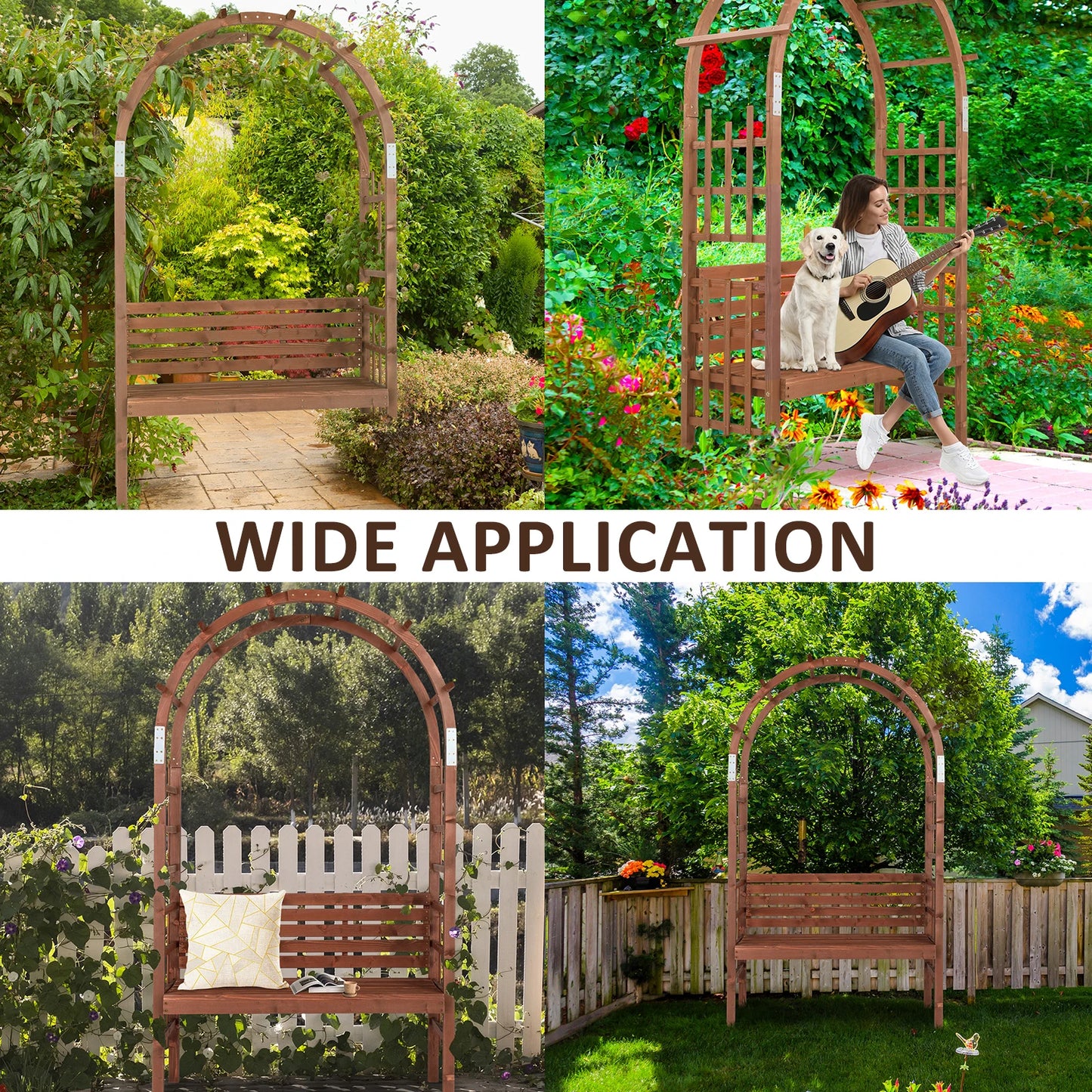 6.8ft Wooden Arch with Bench, Garden Trellis for Climbing Plants, Outdoor Garden Lawn Backyard Patio Decor, Dark Brown