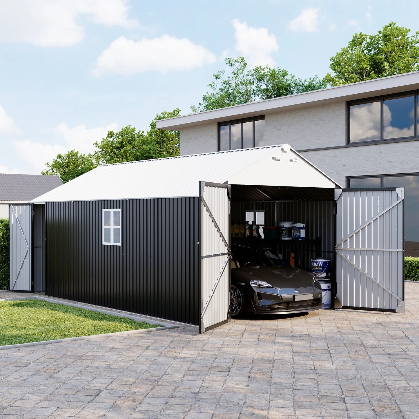 Polar Aurora 12x20 FT Outdoor Metal Storage Shed with Window, Lockable Garden Tool Shed, Heavy-Duty Frame, Backyard Patio Black