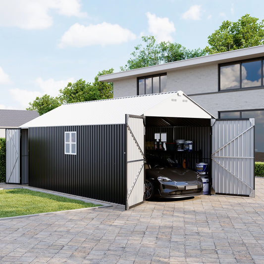 Polar Aurora 12x20 FT Outdoor Metal Storage Shed with Window, Lockable Garden Tool Shed, Heavy-Duty Frame, Backyard Patio Black