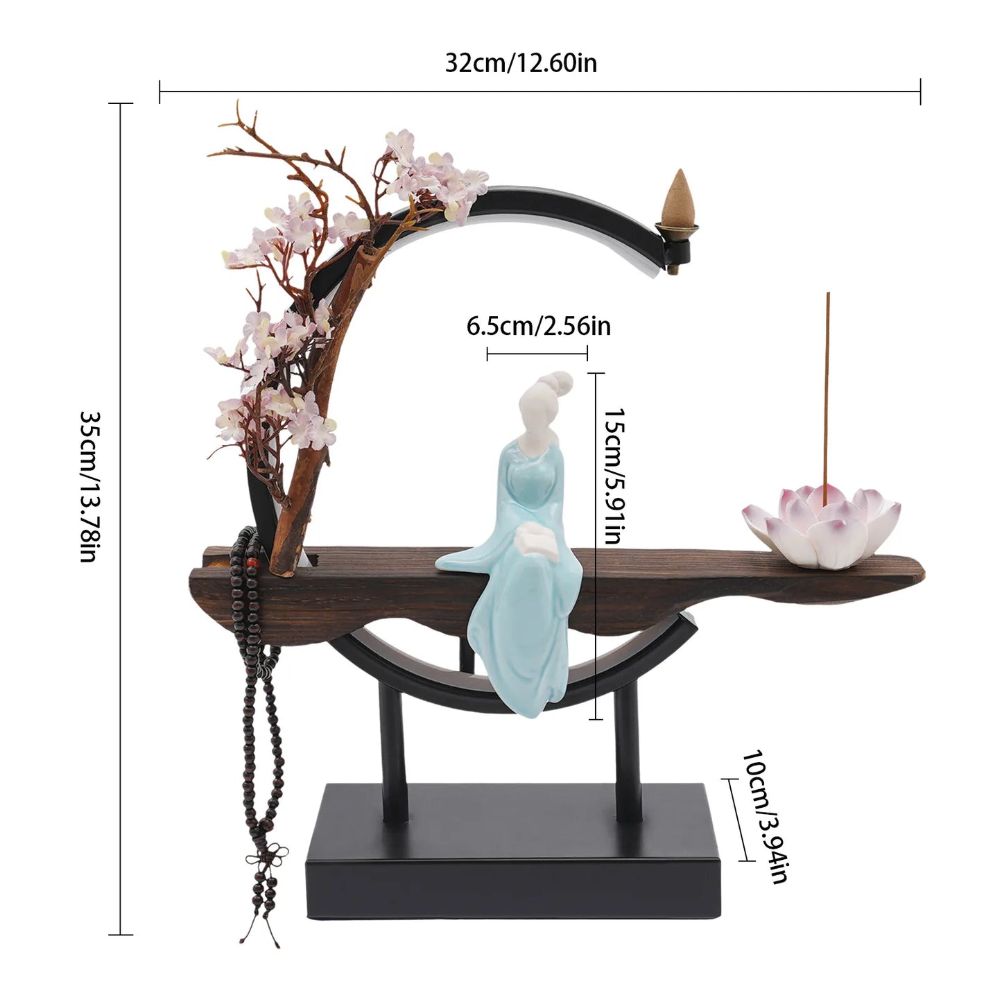 Retro Backflow Incense Burner Ceramic-Iron-Wood Material LED Light Stress Relief Complete Kit for Home/Office Decor