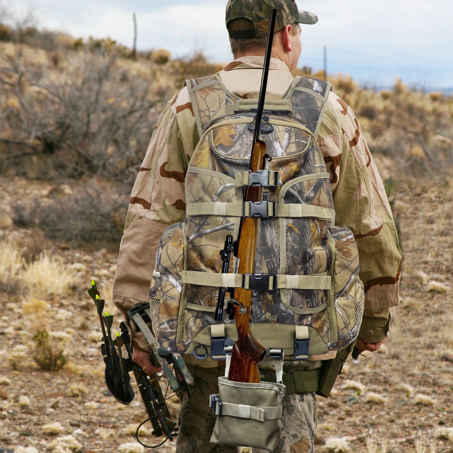 35L Lightweight Hunting Backpack with Gun And Bow Storage Side Mesh Pouch And Waist Bag Design for Outdoor Activities