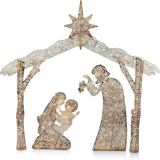 JOYFY 5FT Christmas Nativity Scene Yard Light 160 Pre-Lit LED Warm White Light with Metal Stake for Outdoor Garden Holiday Décor