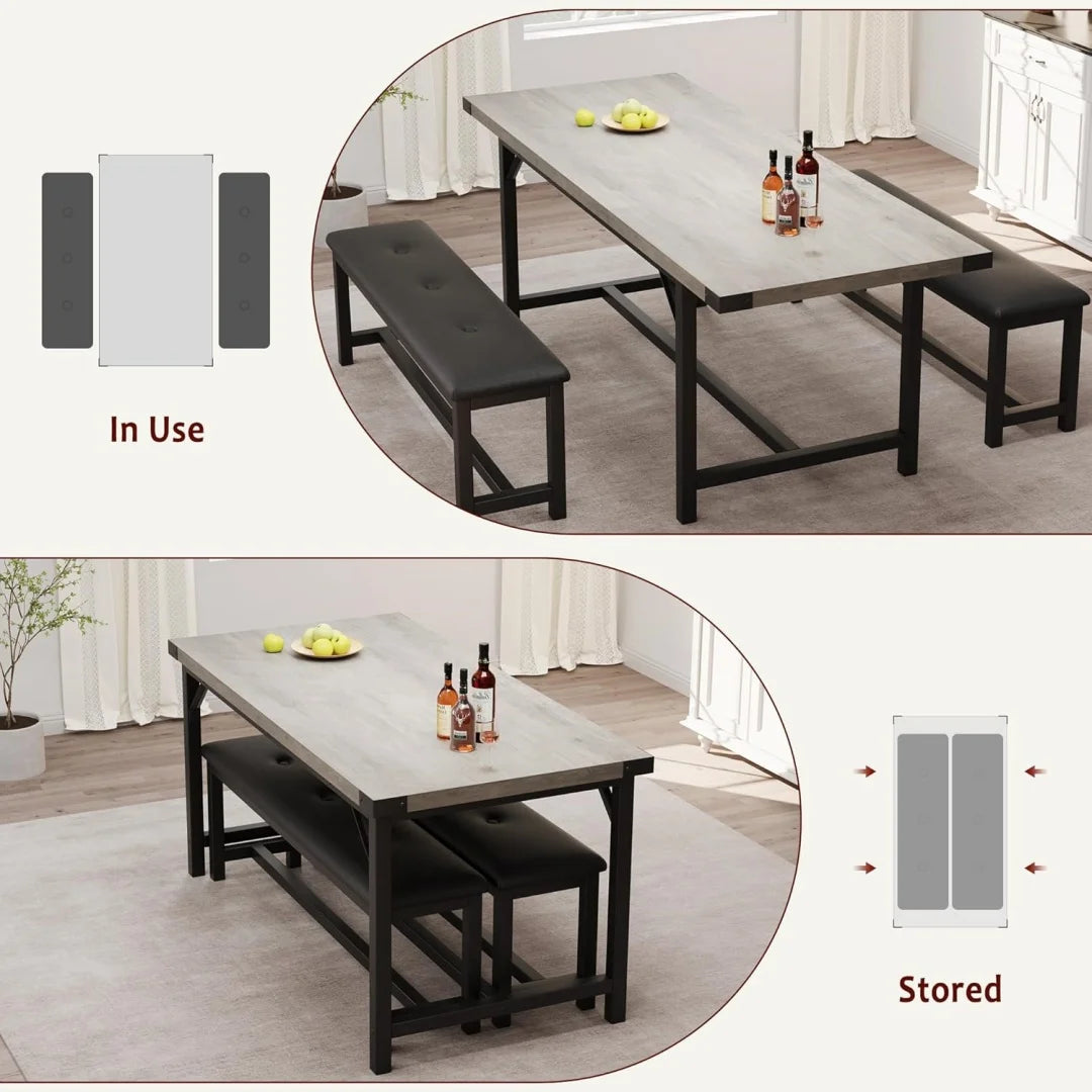3 Piece Dining Table Set for 4-6, 63" Large Extendable Kitchen Table Sets with 2 Upholstered Benches, Rectangle Table for Kitche