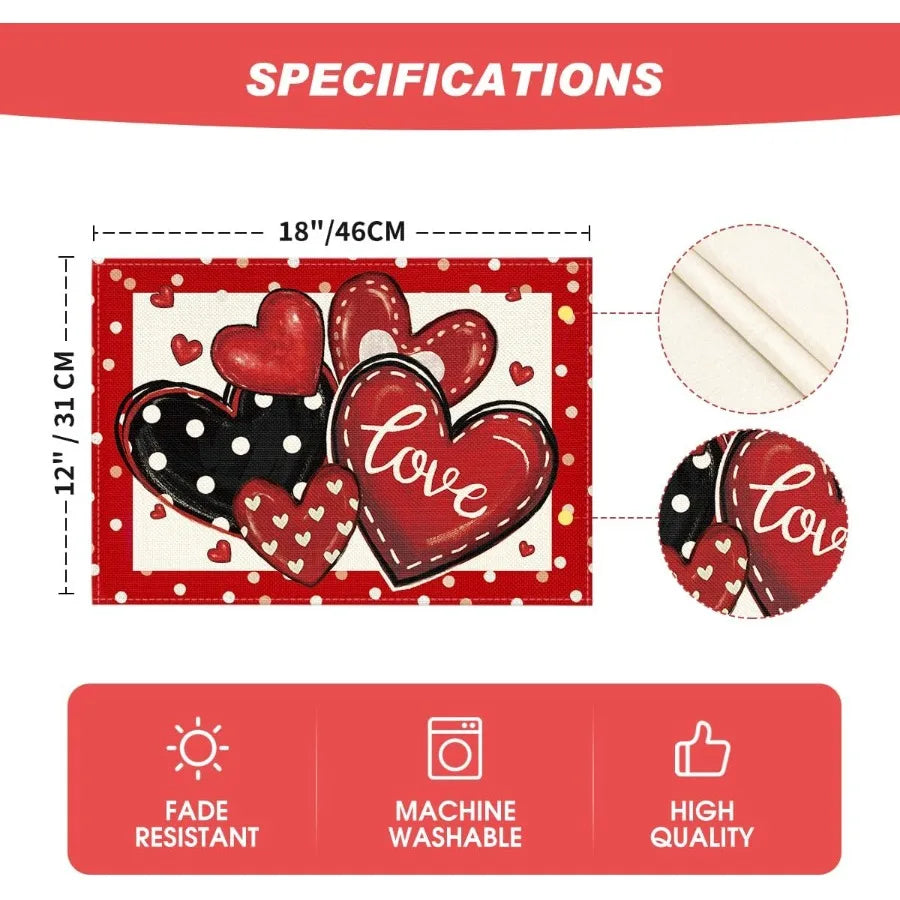 Red Dot Heart Love Valentine Placemats Set of 4 12x18 Ih Wedding Anniversary Table Mats for Party Kitchen Dining Decoration