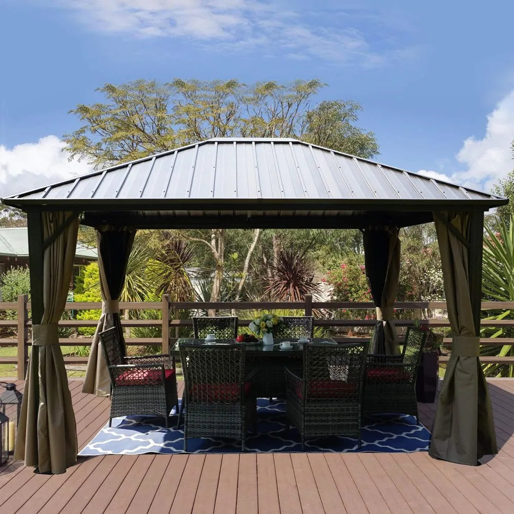 10'x12' Hardtop Gazebo,with with 2-Layer Sidewalls Curtains for Patio, Backyard, Permanent Metal Pavilion