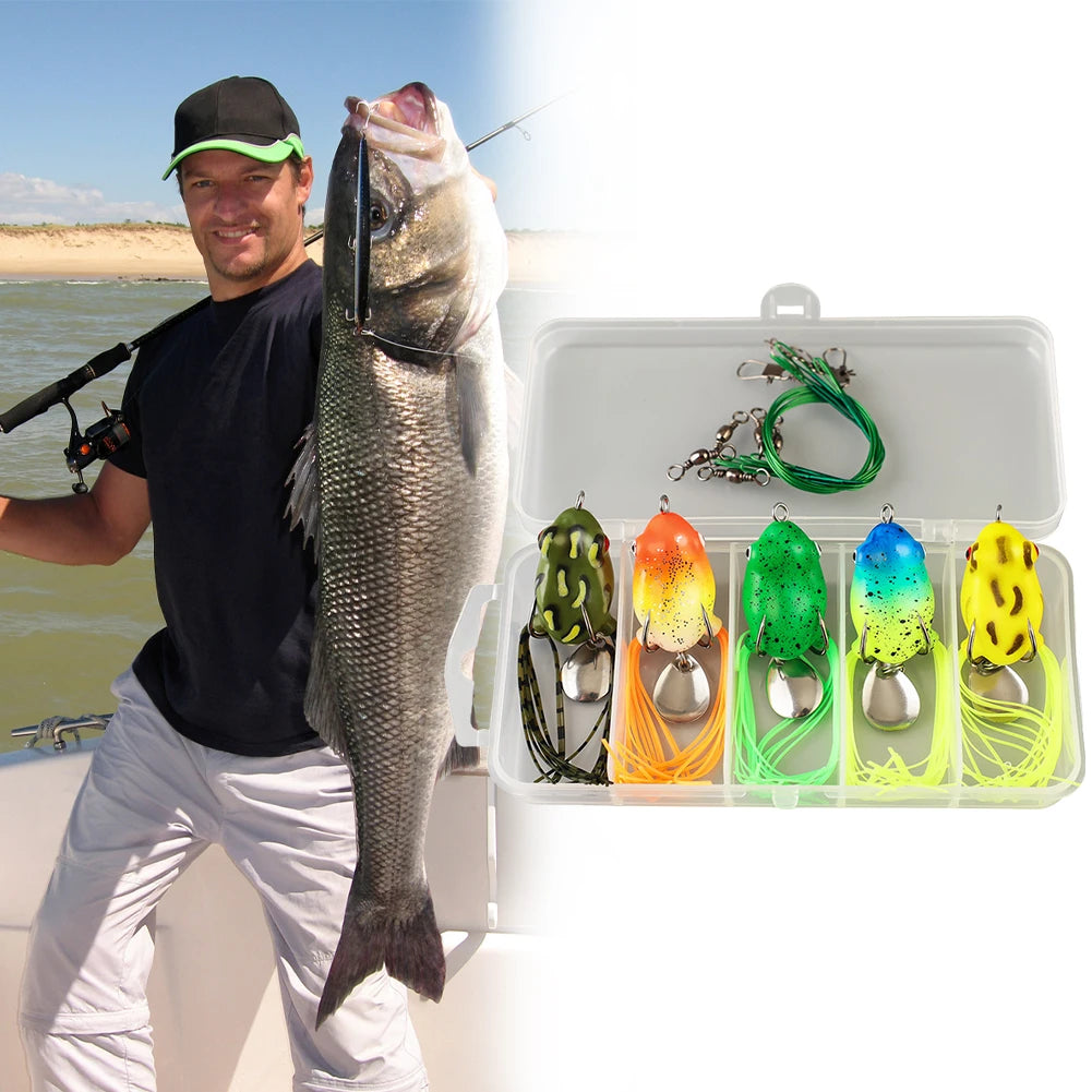 5Pcs Topwater Ray Frog Bait with Double Hooks Artificial Frog Lure Soft Ray Frog Swimbait for Saltwater Freshwater