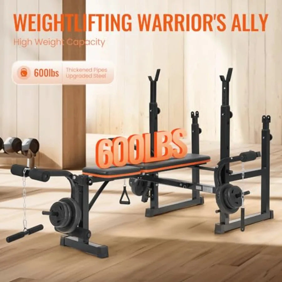 7 In 1 Adjustable Weight Bench Set with Squat Rack and Leg Extension/Curl for Home Gym Black Steel Frame 600LB Weight Capacity
