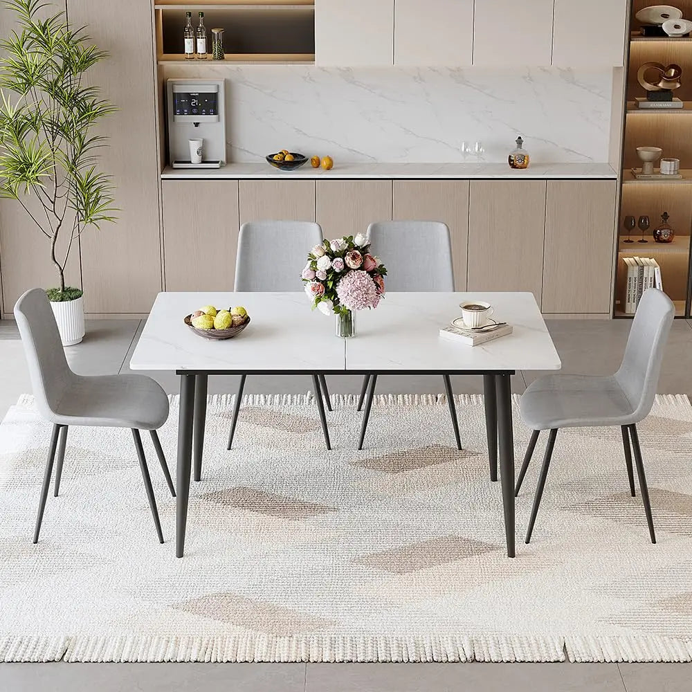 5 Piece Dining Table Set, 59"-75" Extendable Dining Room Table Set with 4 Upholstered Chairs, White Kitchen Table, Customized