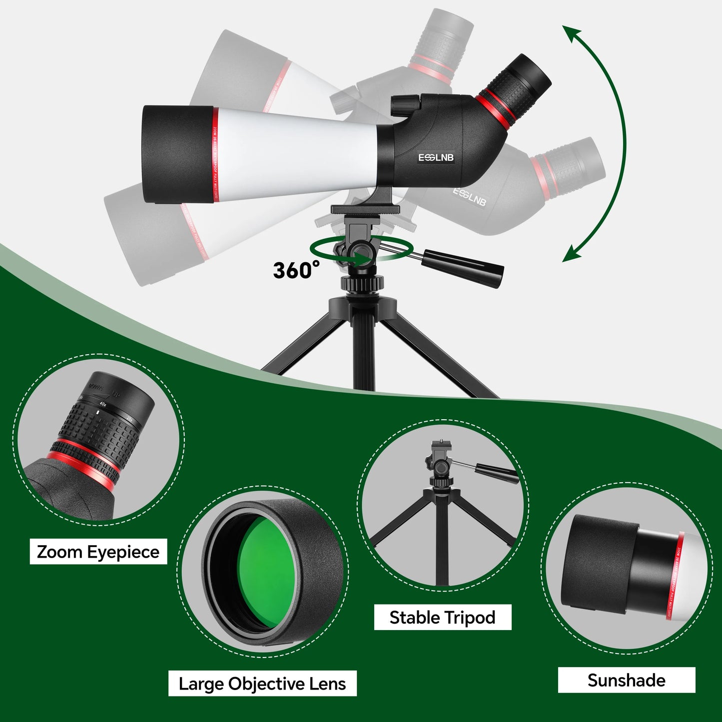 20-60X Zoom Spotting Scope 80mm FMC Lens HD Vision with Adjustable Tripod Mobile Holder Carry Bag for Hunting Bird Watching