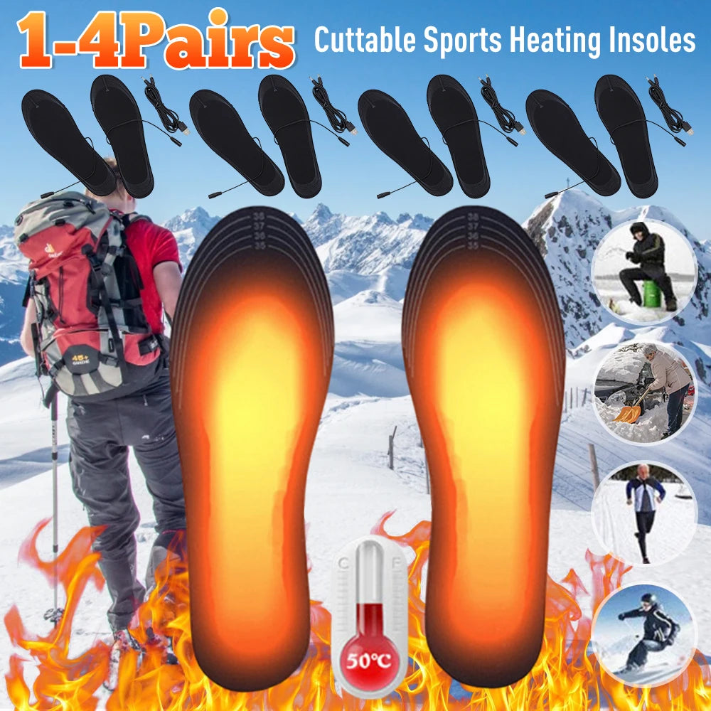 1-4Pair Heated Shoe Insoles USB Rechargeable Adjustable Cuttable Washable Foot Warm Pad for Winter Fishing Hiking Camping Skiing