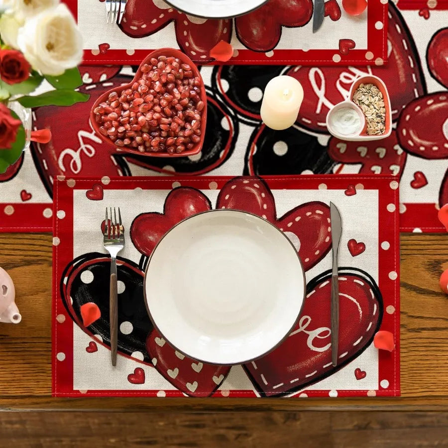 Red Dot Heart Love Valentine Placemats Set of 4 12x18 Ih Wedding Anniversary Table Mats for Party Kitchen Dining Decoration