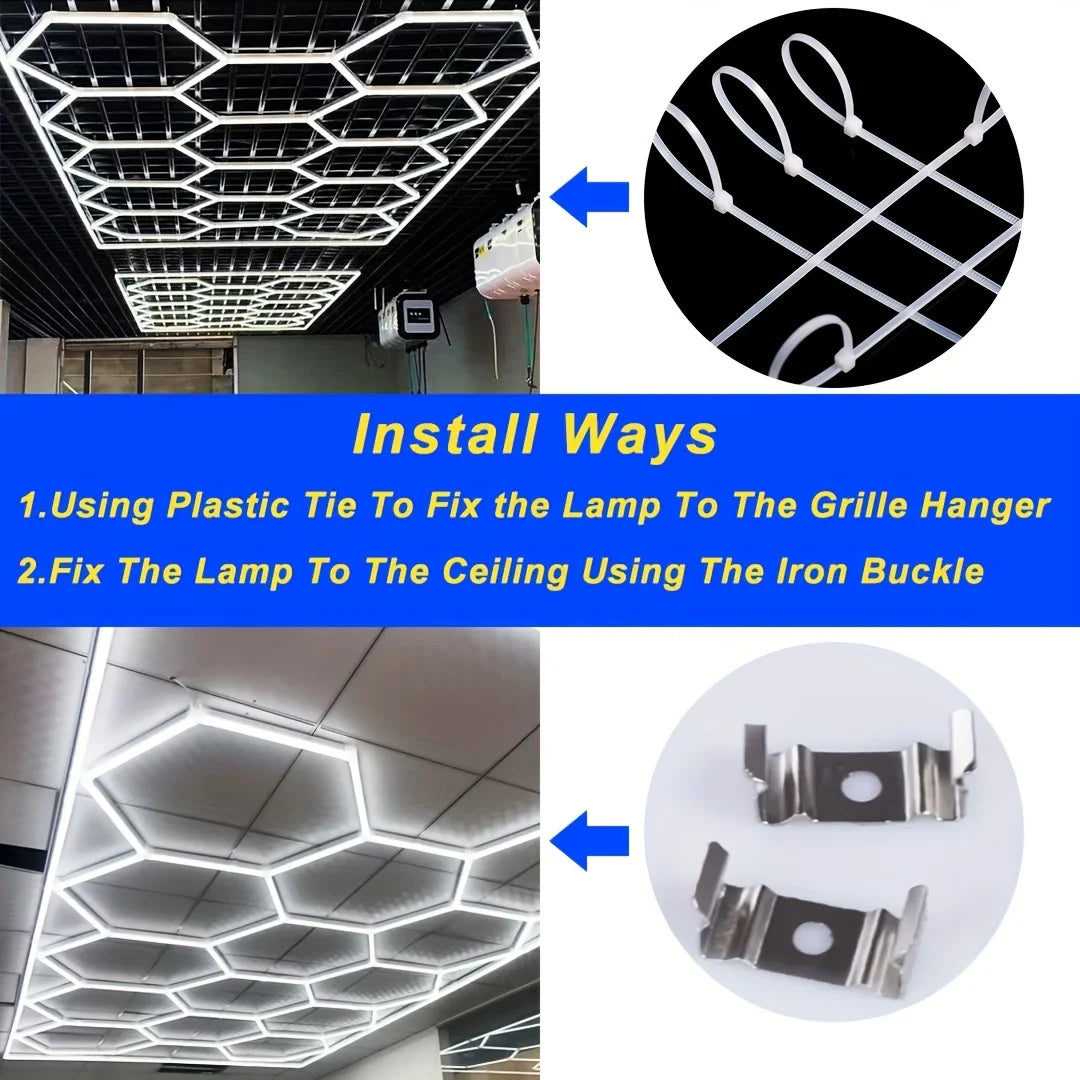 Hexagon LED Garage Light 6500K Honeycomb Ceiling LED Tube Lighting for Car Detailing Shop Light for Barbershop Gym Car Wash Room