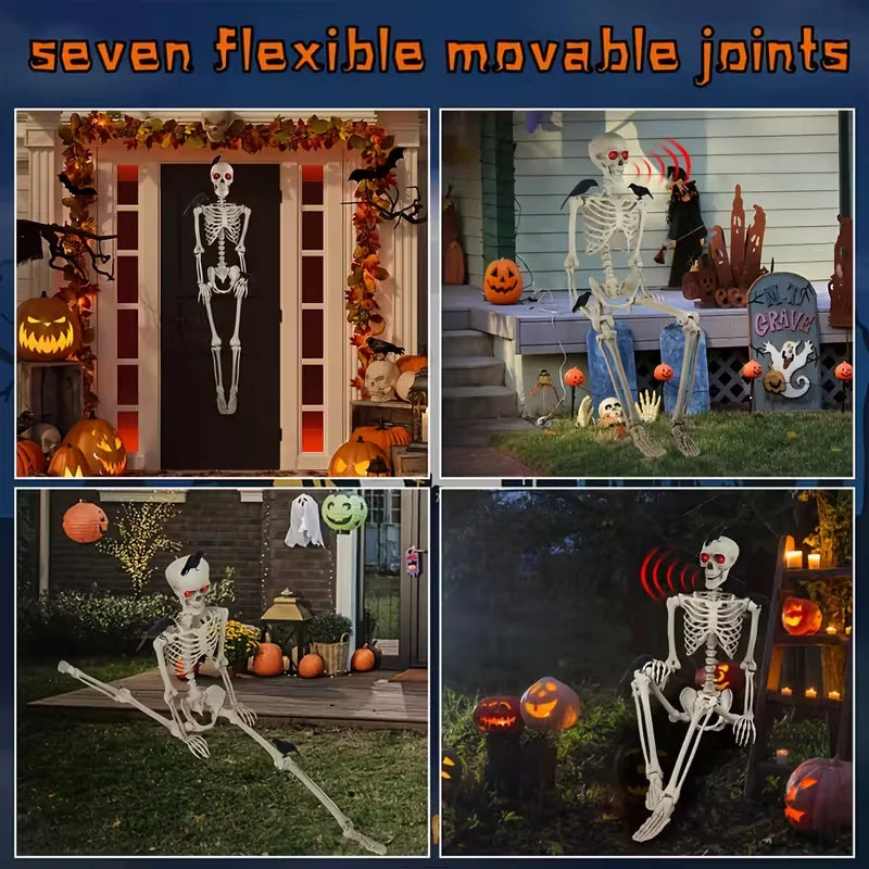 5.6 Feet DIY Voice-Activated Glowing Skeleton, with Glowing Eyes and Voice-Activated Sensors, Scary Sounds, Adjustable into Various Poses, Suitable for Indoor and Outdoor Use, Halloween, Day of the Dead Decorations