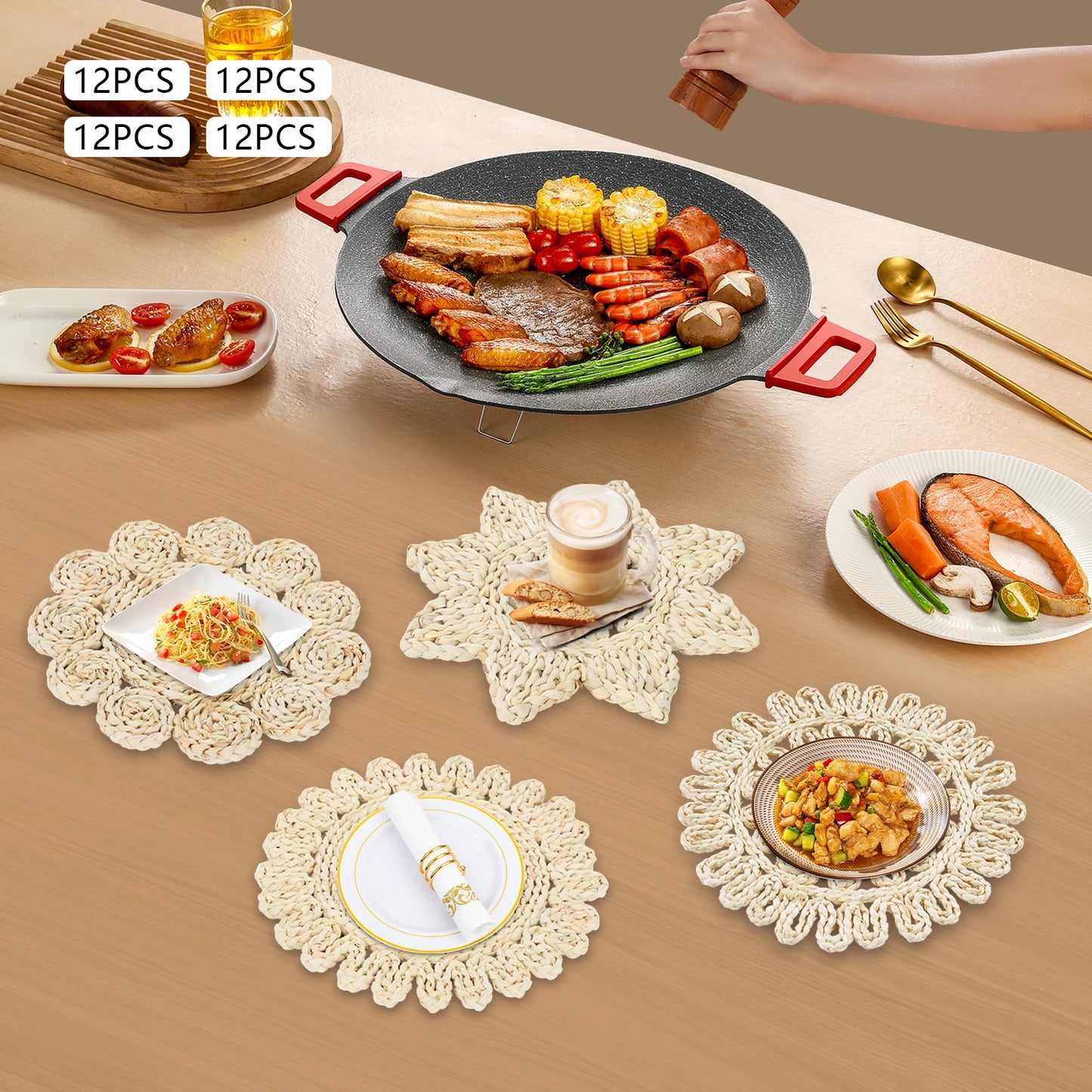 12 Pack Round Woven Placemats Heat Resistant Table Mats Natural Corn Husk Dining Tableware Place Settings for Home Restaurant