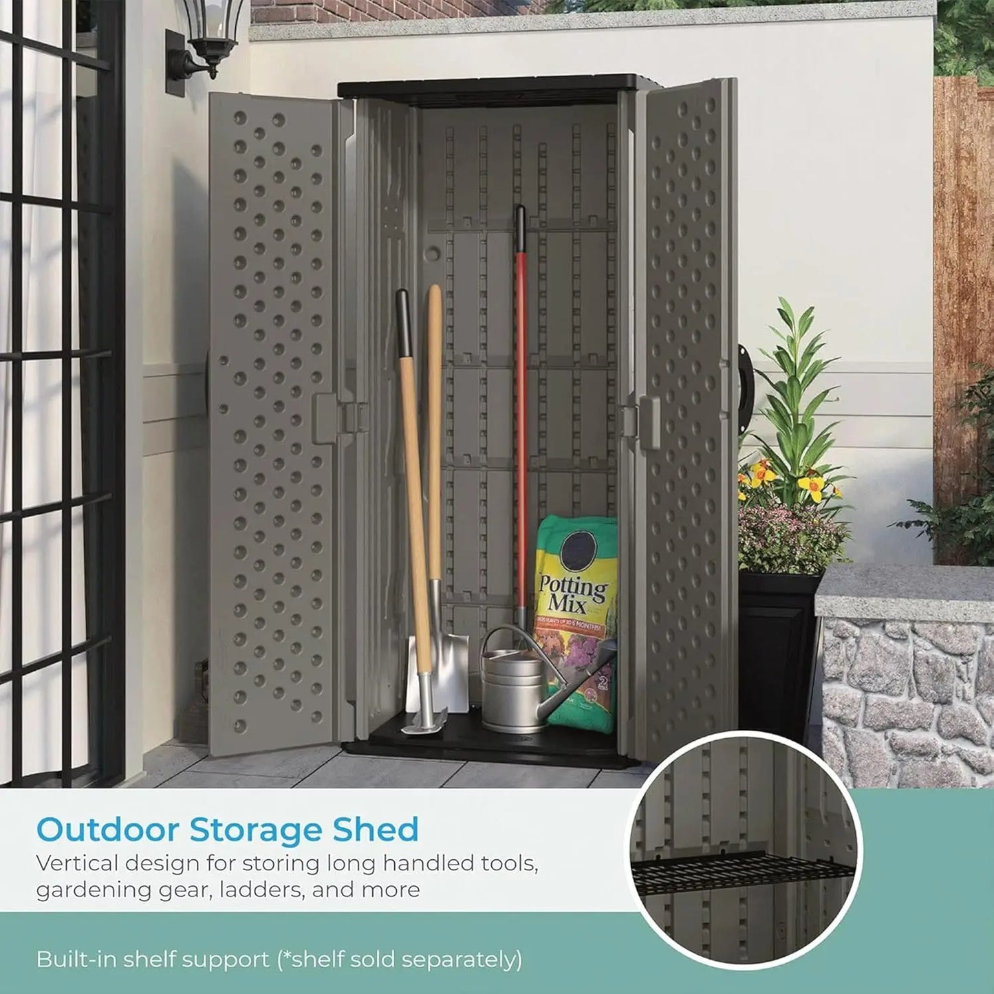 22 Cubic Ft. Vertical Resin Outdoor Storage Shed with Lockable Double Doors, Weather-Resistant Multi-Wall Panels,, Customized