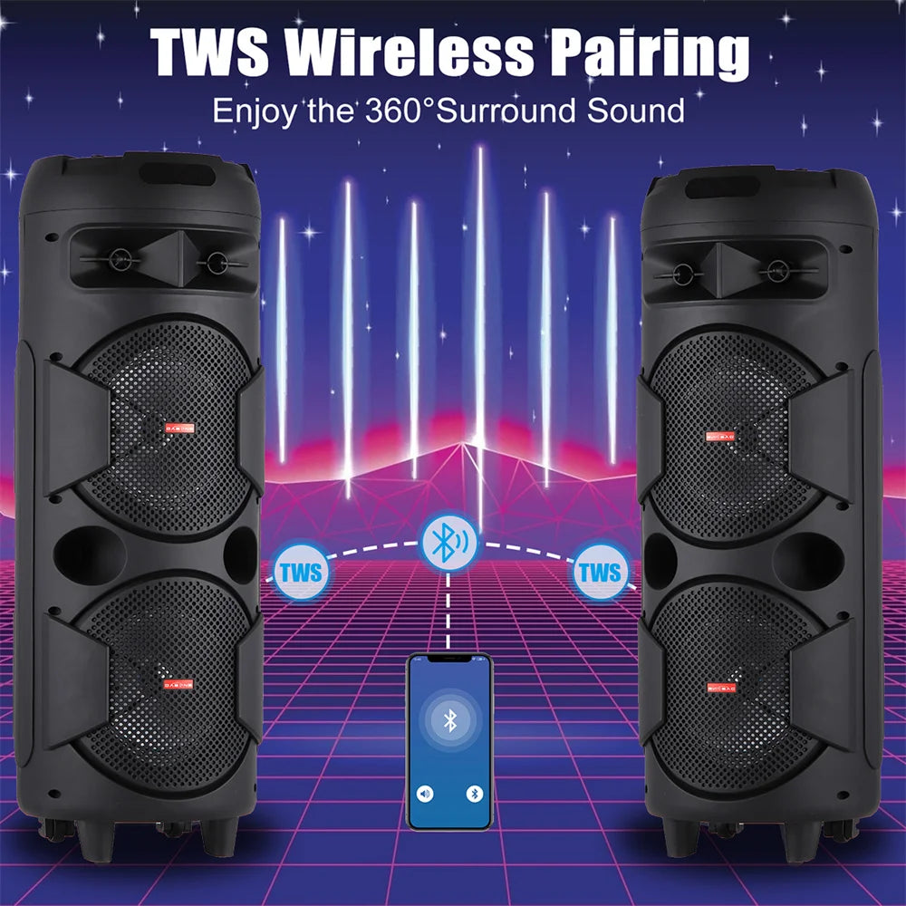 6000W Portable Bluetooth Speaker Dual 8" Subwoofer Heavy Bass Sound System Party with Microphone and Remote RGB Light