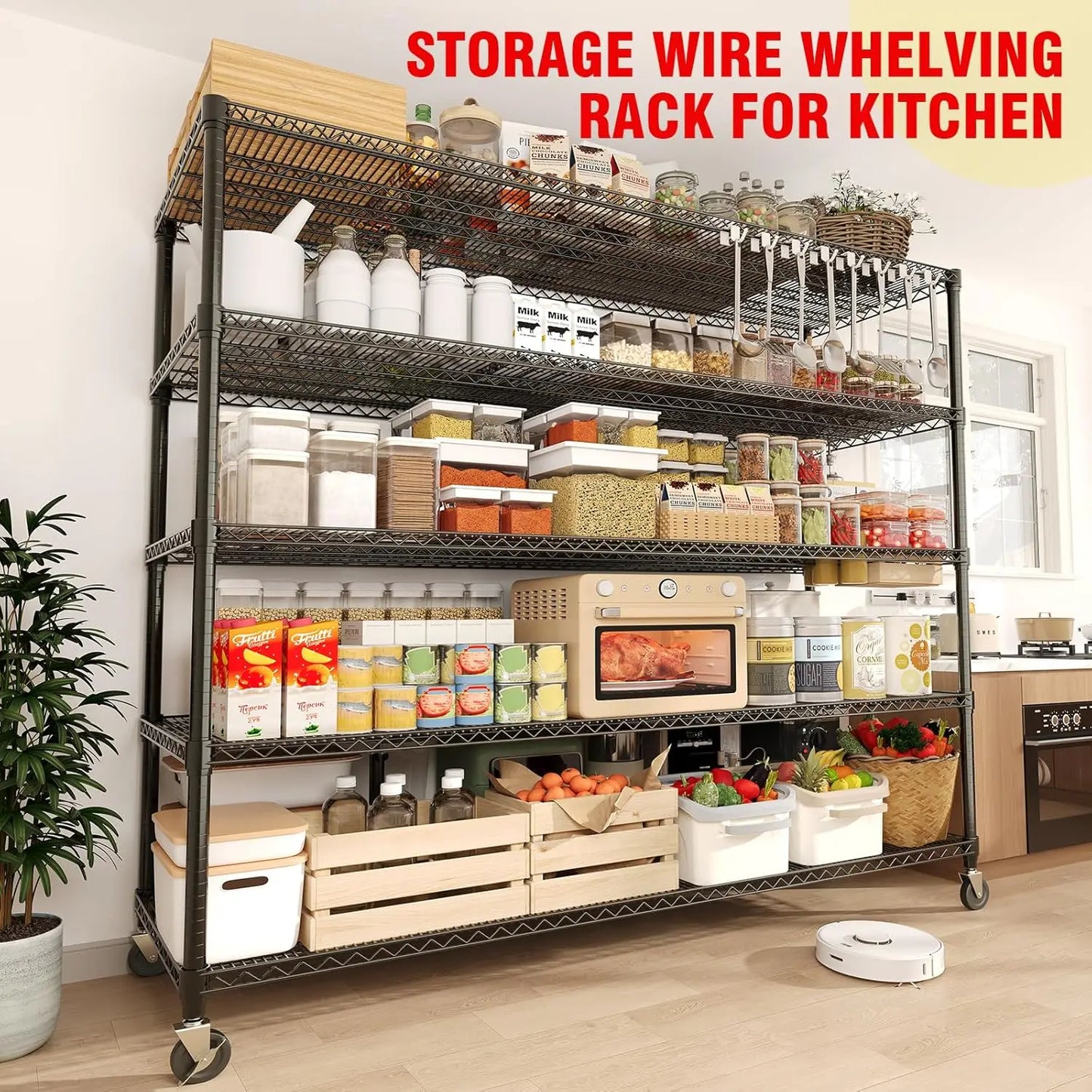 5-Tiers Garage Shelving for Pantry Garage Kitchen Home Commercia Storage Shelves Unit with Wheels & Feet 82.6" Hx 59"W x 23.9"D