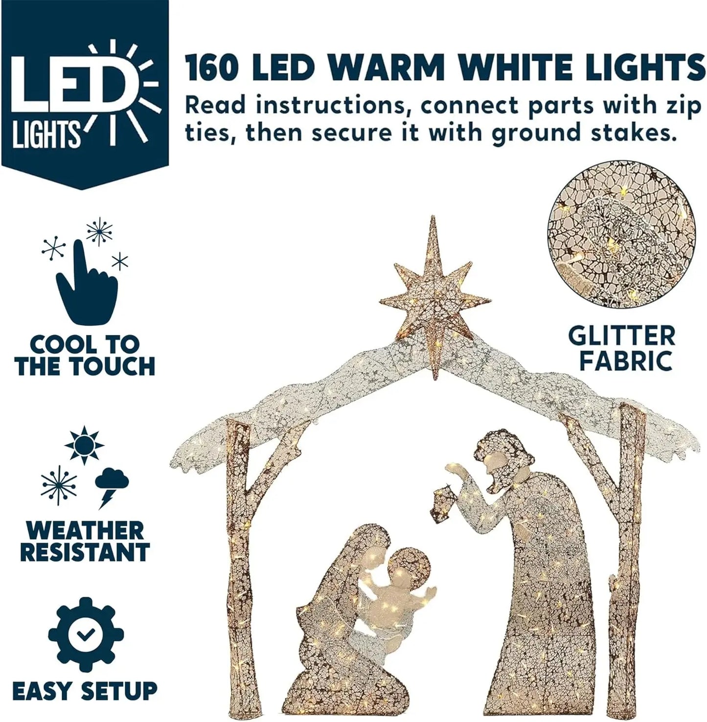 JOYFY 5FT Christmas Nativity Scene Yard Light 160 Pre-Lit LED Warm White Light with Metal Stake for Outdoor Garden Holiday Décor