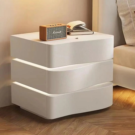 Solid Wood Nightstand with LED Light Strip Modern Leather Bedside Table with Drawer for Bedroom Side Table.Customized.