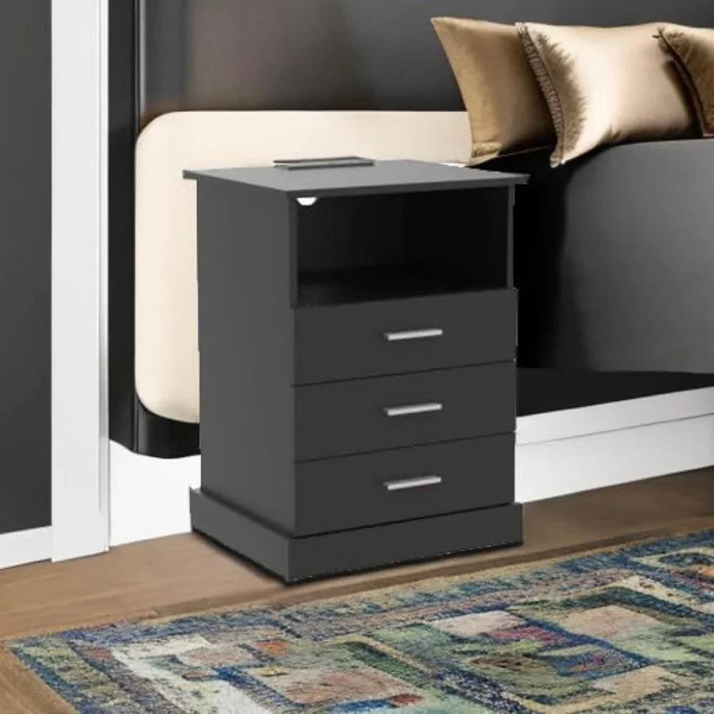 modern led nightstand with charging port, 3-drawer side table with lighting, open storage end table, bedside storage cabinet