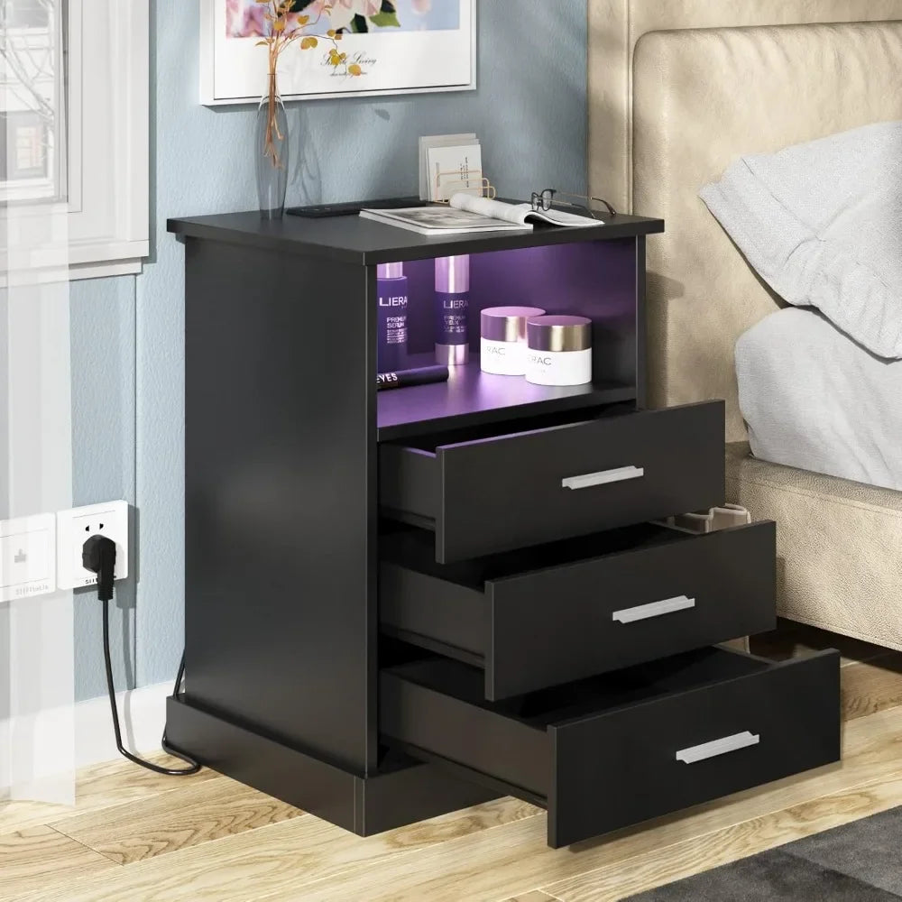 modern led nightstand with charging port, 3-drawer side table with lighting, open storage end table, bedside storage cabinet