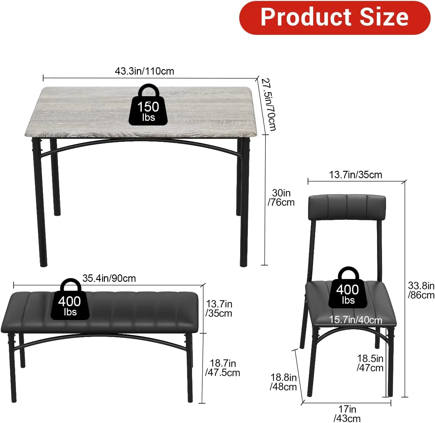 Dining Table Set for 4 with Upholstered Bench and 2 Chairs, Kitchen Table and Chairs for 4, for Small Space, Apartment, Dinner,R
