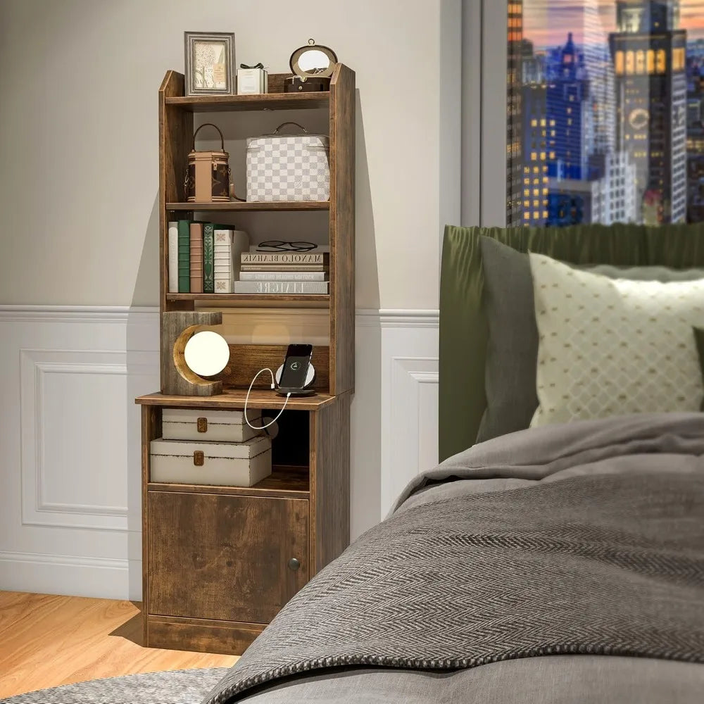 6-tier adjustable bookshelf nightstand, 56" tall, industrial style charging station