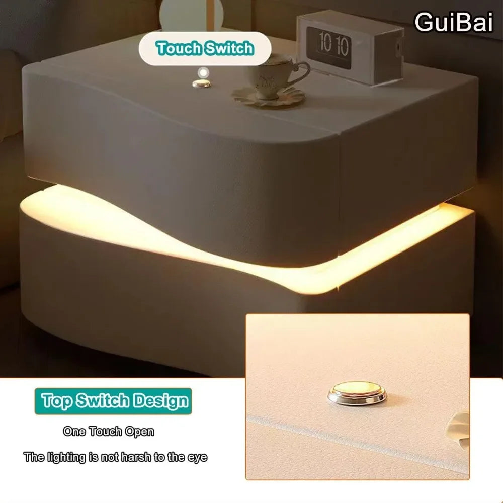 Solid Wood Nightstand with LED Light Strip Modern Leather Bedside Table with Drawer for Bedroom Side Table.Customized.