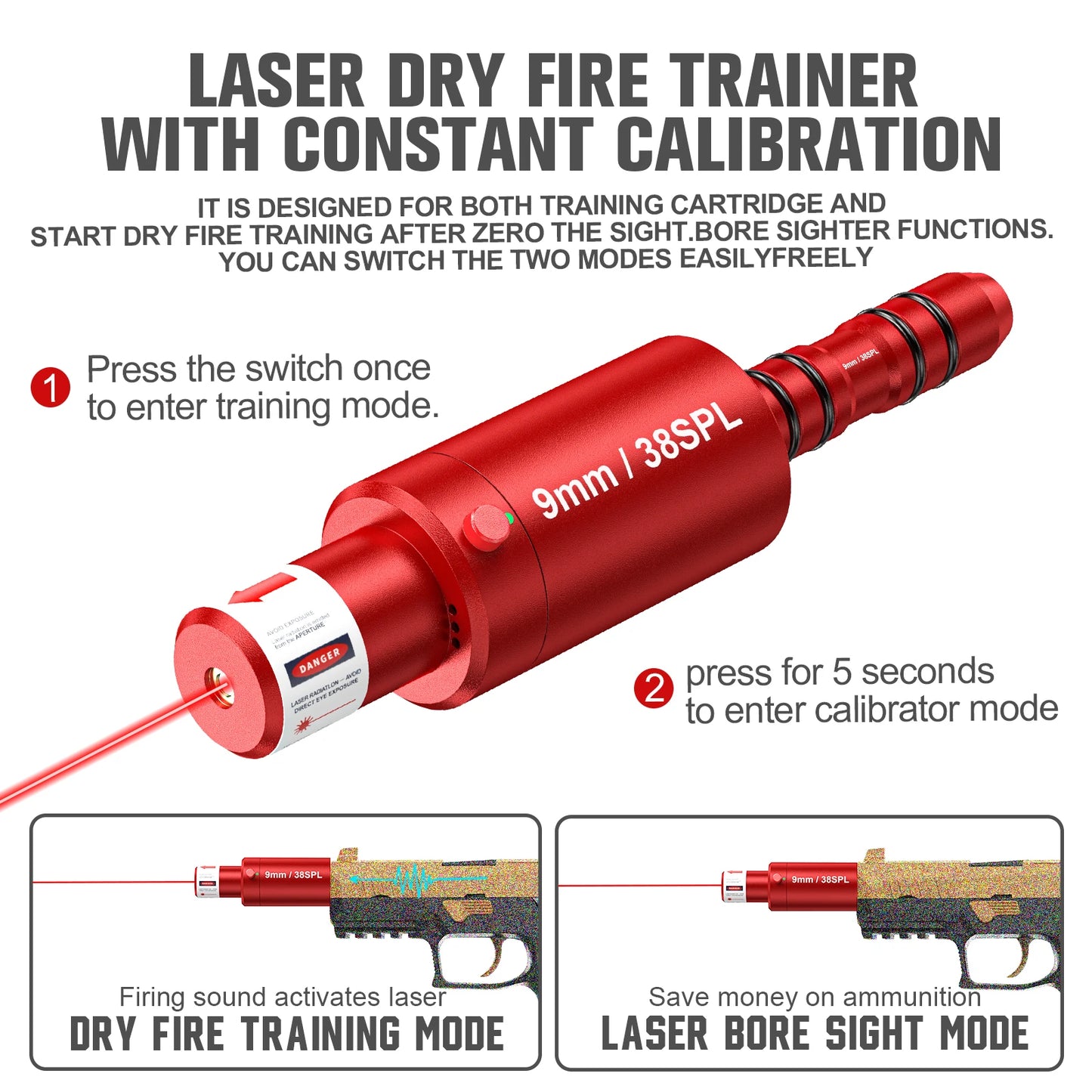 9MM 38SPL multifunctional magnetic red green light trainer, dual-purpose for training and calibration