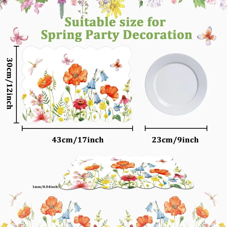 Spring Plastic Placemats Set of 6 Summer Plastic Place Mats Watercolor Flowers Holiday Table Vinyl Placemats for Indoor Outdoor