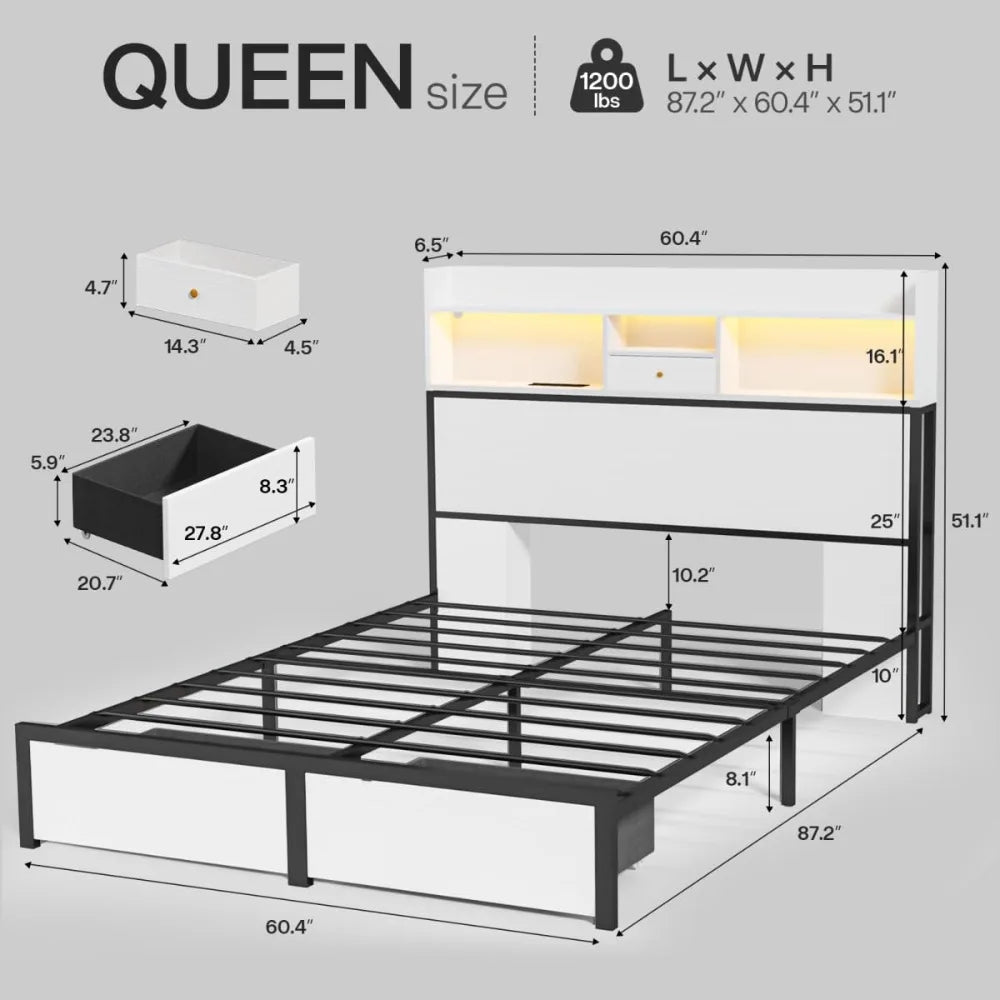 Queen Bed Frame with Tall Headboard and LED Lights, 51.2" Bookcase Bed Frame Queen Size with Storage Drawers and, Customized