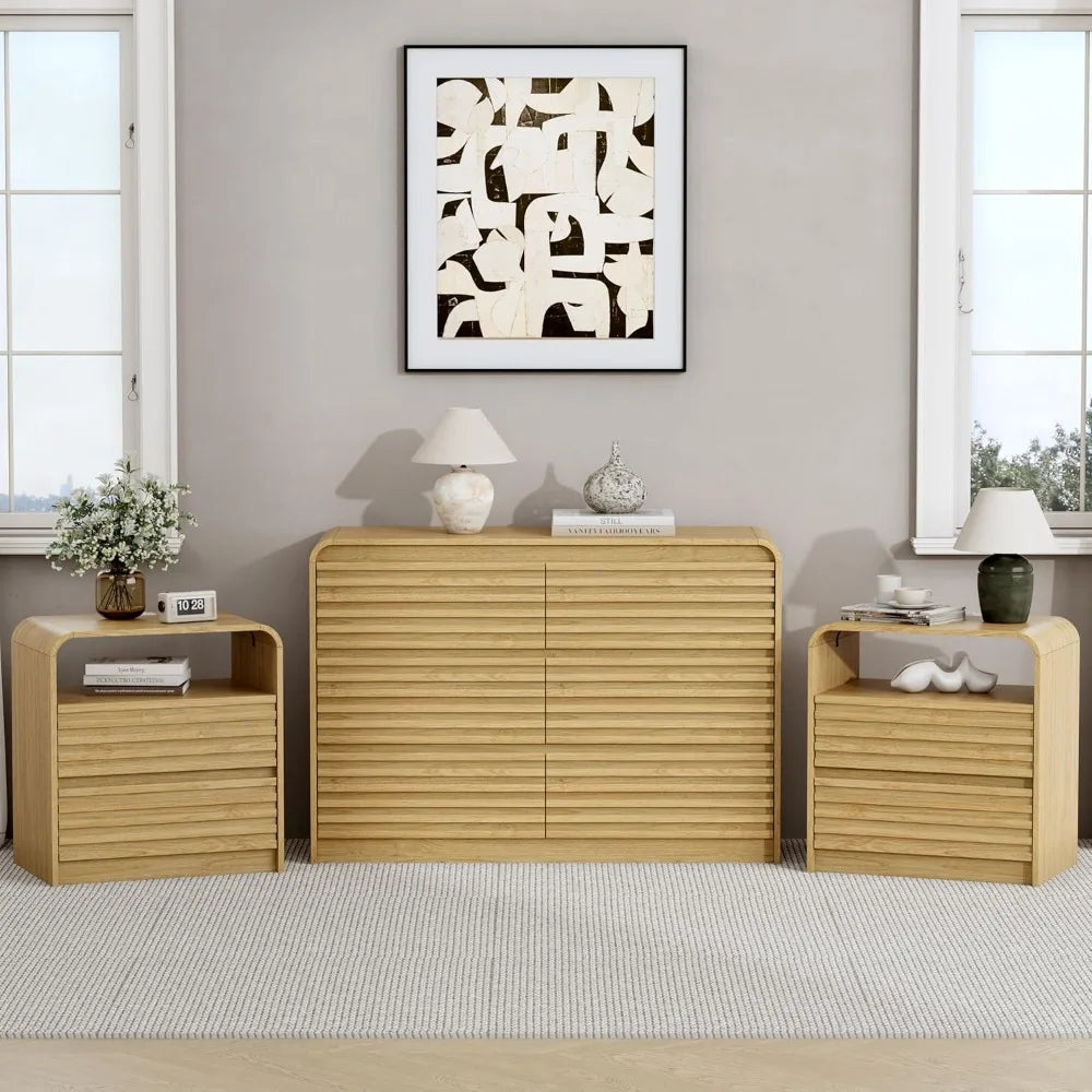 Dresser and Nightstand Sets for Bedroom, 3 Pcs Bedroom Set, Fluted 6 Drawer Dresser with Curved Profile and Night, Customized